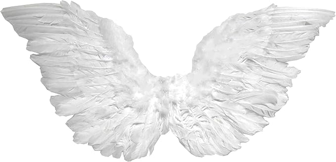 Deluxe Club Small Feather Angel Wings Costume Accessory features a compact yet full‑looking pair of layered white feather wings, designed with softly curved edges and densely arranged feathers that create a fluffy, dimensional silhouette; finished with plush white feather trim along the top edge and discreet elastic shoulder straps at the back, allowing the wings to sit centered and visibly framed without overpowering the look