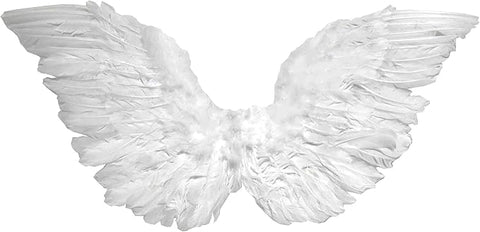 Deluxe Club Small Feather Angel Wings Costume Accessory features a compact yet full‑looking pair of layered white feather wings, designed with softly curved edges and densely arranged feathers that create a fluffy, dimensional silhouette; finished with plush white feather trim along the top edge and discreet elastic shoulder straps at the back, allowing the wings to sit centered and visibly framed without overpowering the look