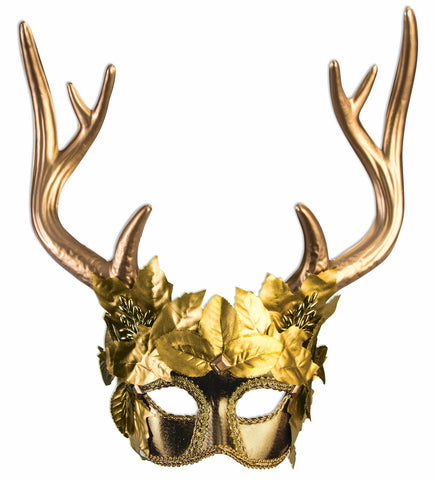 Deluxe Mythical Golden Faun Masquerade Costume Mask featuring a yellow, gold half‑face mask with a smooth, sculpted finish and defined eye openings, adorned along the top and sides with layered yellow golden leaf accents; crowned with a pair of tall, branching faux antlers rising upward in an elegant, symmetrical arc to create a striking mythical silhouette