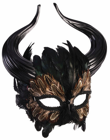 Deluxe Mythical Minotaur Masquerade Costume Mask featuring a dramatic black half‑face base framed with layered black and dark bronze feathers, detailed with metallic gold accents around the eye openings; crowned with a pair of large, sweeping curved black horns that arc upward and outward, creating a bold, powerful silhouette that dominates from every angle