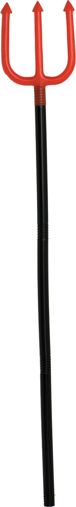 Devil Pitchfork Costume Prop Accessory Featuring a red plastic devil pitchfork prop accessory designed with three pointed prongs on a molded top piece, a textured connector section, and two black handle segments that assemble together, forming a lightweight staff measuring approximately 36 inches when fully assembled from four separate pieces.