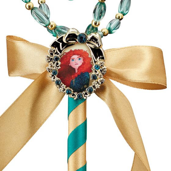 Disney's Brave Princess Merida Wand Costume Prop Accessory Featuring a straight wand shaft wrapped in diagonal teal and gold striping with a faceted gem at the base, this accessory is topped with a circular crown-style frame constructed from gold-tone detailing and oval translucent teal beads, with a teardrop-shaped gem suspended in the center. Beneath the frame sits an oval medallion displaying a printed portrait, surrounded by a gold decorative border with blue jewel-like accents