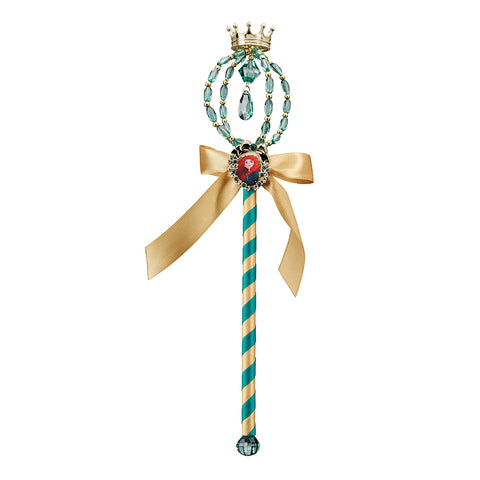 Disney's Brave Princess Merida Wand Costume Prop Accessory Featuring a straight wand shaft wrapped in diagonal teal and gold striping with a faceted gem at the base, this accessory is topped with a circular crown-style frame constructed from gold-tone detailing and oval translucent teal beads, with a teardrop-shaped gem suspended in the center. Beneath the frame sits an oval medallion displaying a printed portrait, surrounded by a gold decorative border with blue jewel-like accents