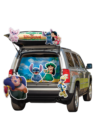 Disney's Lilo & Stitch Halloween Trunk or Treat Decoration Kit Featuring a set of printed decorative cutouts including multiple Lilo & Stitch character designs, this trunk or treat kit includes images of Lilo, Stitch, Angel, and supporting characters in various poses, along with a large surfboard-style header sign displaying the Disney Lilo & Stitch logo and a beach-themed backdrop panel designed to fit inside an open trunk space. Also includes three character sheets and 24 pieces of 3M double-stick foam
