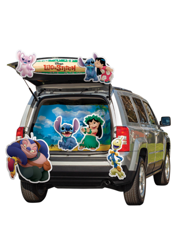 Disney's Lilo & Stitch Halloween Trunk or Treat Decoration Kit Featuring a set of printed decorative cutouts including multiple Lilo & Stitch character designs, this trunk or treat kit includes images of Lilo, Stitch, Angel, and supporting characters in various poses, along with a large surfboard-style header sign displaying the Disney Lilo & Stitch logo and a beach-themed backdrop panel designed to fit inside an open trunk space. Also includes three character sheets and 24 pieces of 3M double-stick foam