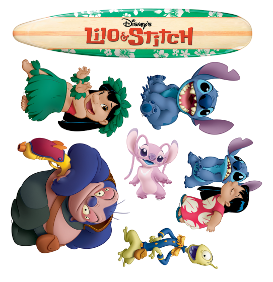 Disney's Lilo & Stitch Halloween Trunk or Treat Decoration Kit Featuring a set of printed decorative cutouts including multiple Lilo & Stitch character designs, this trunk or treat kit includes images of Lilo, Stitch, Angel, and supporting characters in various poses, along with a large surfboard-style header sign displaying the Disney Lilo & Stitch logo and a beach-themed backdrop panel designed to fit inside an open trunk space. Also includes three character sheets and 24 pieces of 3M double-stick foam