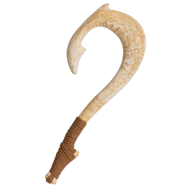 Disney's Moana Maui Fish Hook Costume Prop Accessory Featuring a large curved fishhook prop designed in an off-white bone-like finish with an open circular shape and pointed hook tip, this accessory is detailed with intricate tan engraved-style markings throughout the surface. The lower portion includes a wrapped handle section with a textured brown rope-like design, creating contrast between the handle and the carved hook body.