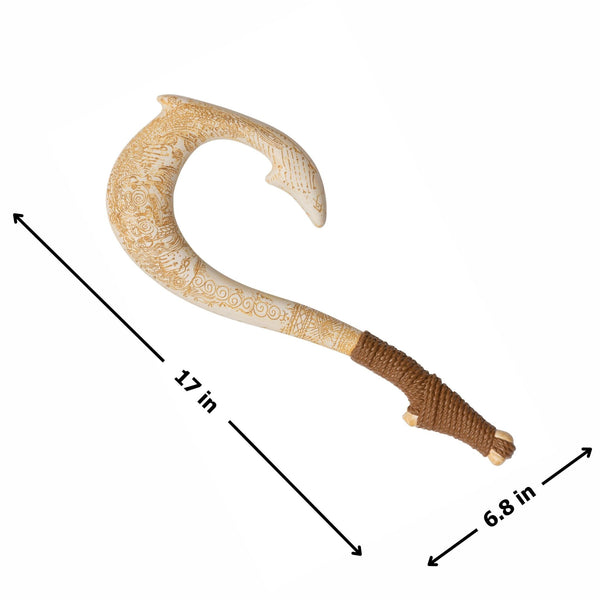 Measurements of Disney's Moana Maui Fish Hook Costume Prop Featuring a large curved fishhook prop designed in an off-white bone-like finish with an open circular shape and pointed hook tip, this accessory is detailed with intricate tan engraved-style markings throughout the surface. The lower portion includes a wrapped handle section with a textured brown rope-like design, creating contrast between the handle and the carved hook body.Accessory