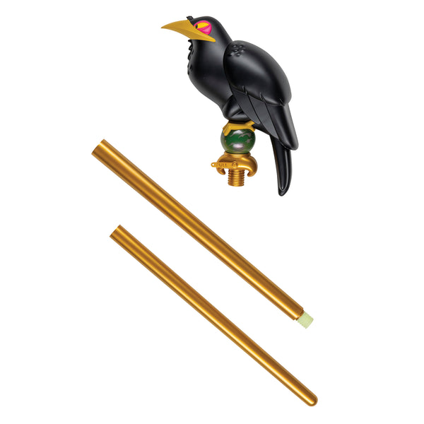 Unassembled view of Disney's Sleeping Beauty Maleficent Staff Costume Prop Accessory Featuring a long straight staff with a metallic gold shaft, this accessory is topped with a molded black raven perched above a spherical green orb detail that lights up. The raven design includes a curved beak and folded wings with sculpted feather detailing, while the translucent green orb beneath it features a marbled effect and internal illumination, set into a gold collar that connects to the staff. 