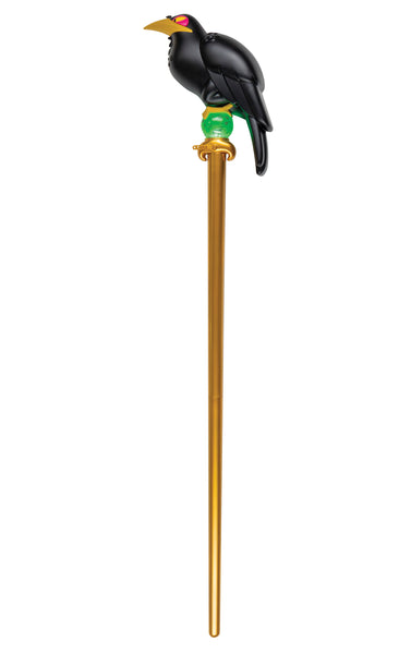 Disney's Sleeping Beauty Maleficent Staff Costume Prop Accessory Featuring a long straight staff with a metallic gold shaft, this accessory is topped with a molded black raven perched above a spherical green orb detail that lights up. The raven design includes a curved beak and folded wings with sculpted feather detailing, while the translucent green orb beneath it features a marbled effect and internal illumination, set into a gold collar that connects to the staff.