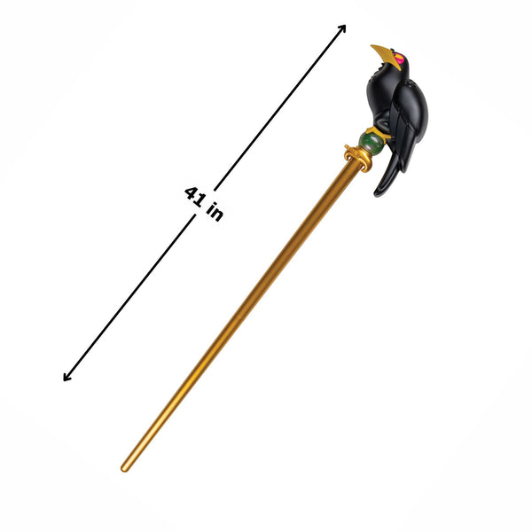 Measurements of Disney's Sleeping Beauty Maleficent Staff Costume Prop Accessory Featuring a long straight staff with a metallic gold shaft, this accessory is topped with a molded black raven perched above a spherical green orb detail that lights up. The raven design includes a curved beak and folded wings with sculpted feather detailing, while the translucent green orb beneath it features a marbled effect and internal illumination, set into a gold collar that connects to the staff.
