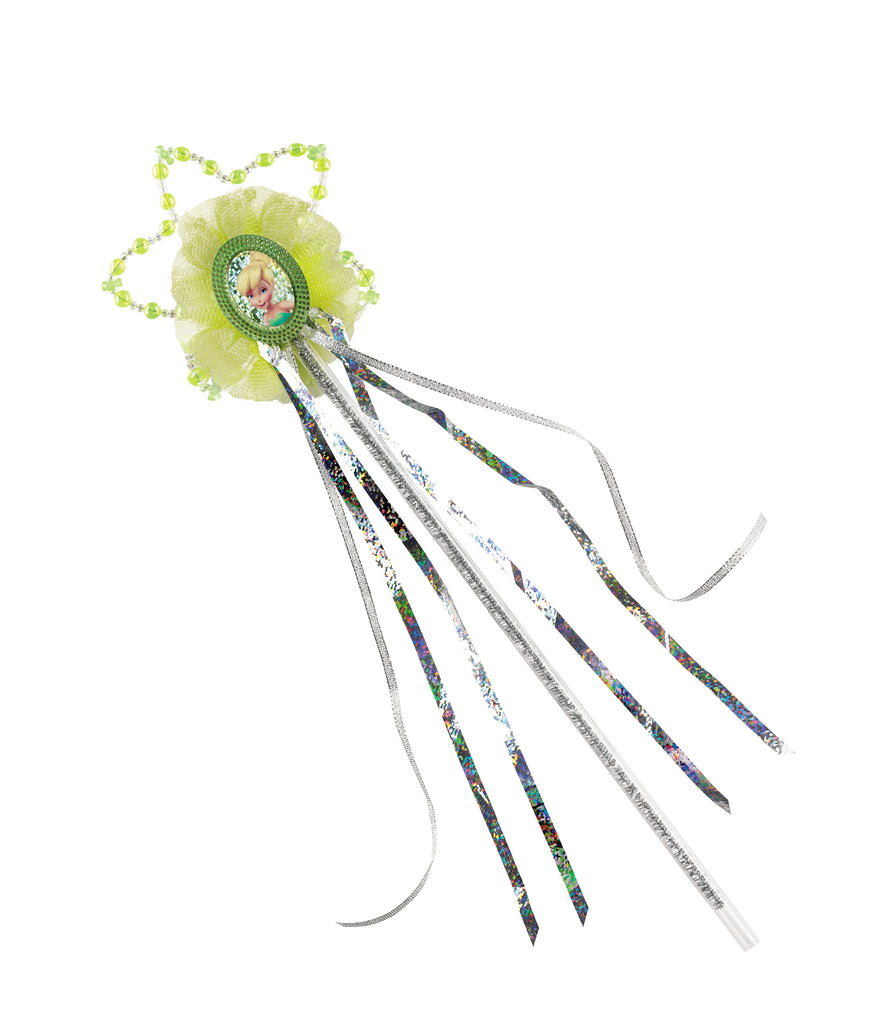 Disney's Tinker Bell Wand Costume Prop Accessory features a slim, translucent wand shaft topped with a decorative green and silver centerpiece, with a tulle base, bead accents shaped into a star and a central Tinker Bell character image. The wand is finished with multiple flowing ribbon streamers in silver and iridescent tones, adding movement and sparkle with every gesture.