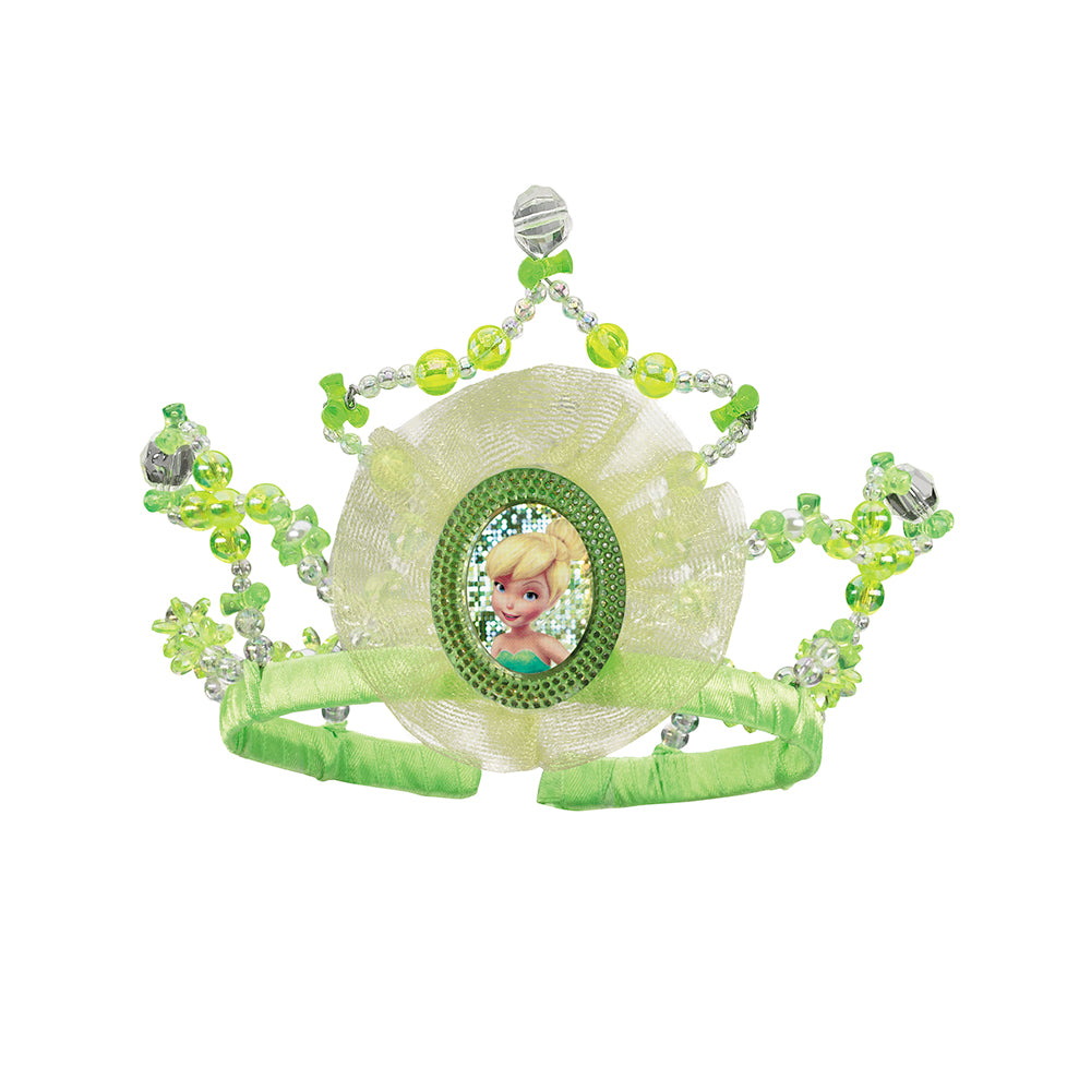 Disney's Tinker Bell Tiara Costume Accessory features green headband‑style tiara decorated with translucent bead accents, faceted gem‑like details, and delicate wing‑inspired shapes arranged in a crown silhouette. The center is styled with a soft mesh rosette and an oval Tinker Bell character image framed by sparkling green trim, creating a bright focal point. The band is wrapped in green fabric for a comfortable fit while maintaining the whimsical fairy design