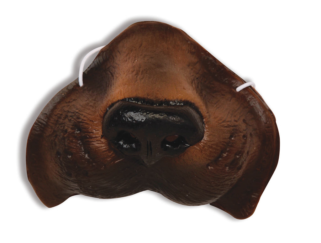 Dog Nose Costume Accessory Featuring a molded brown and black plastic dog nose accessory with a glossy black raised nose tip, textured surface detailing to resemble fur and snout contours, and small holes on each side for attaching the included thin white elastic band that secures the piece around the head.