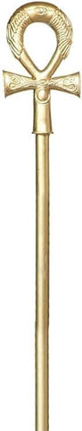 Close up of the handle of the Egyptian Staff Costume Prop Accessory Featuring a gold-toned staff measuring approximately 40 inches when assembled, constructed in two connectable pieces, with a long smooth shaft and a sculpted top featuring a looped ankh-inspired design and crossbar detail, accented with engraved-style markings and an antique metallic finish.