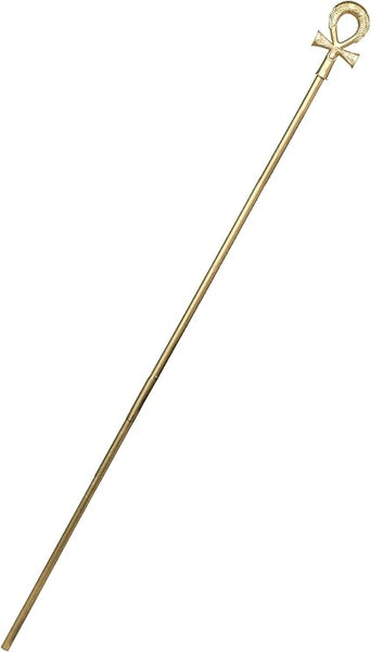 Egyptian Staff Costume Prop Accessory Featuring a gold-toned staff measuring approximately 40 inches when assembled, constructed in two connectable pieces, with a long smooth shaft and a sculpted top featuring a looped ankh-inspired design and crossbar detail, accented with engraved-style markings and an antique metallic finish.