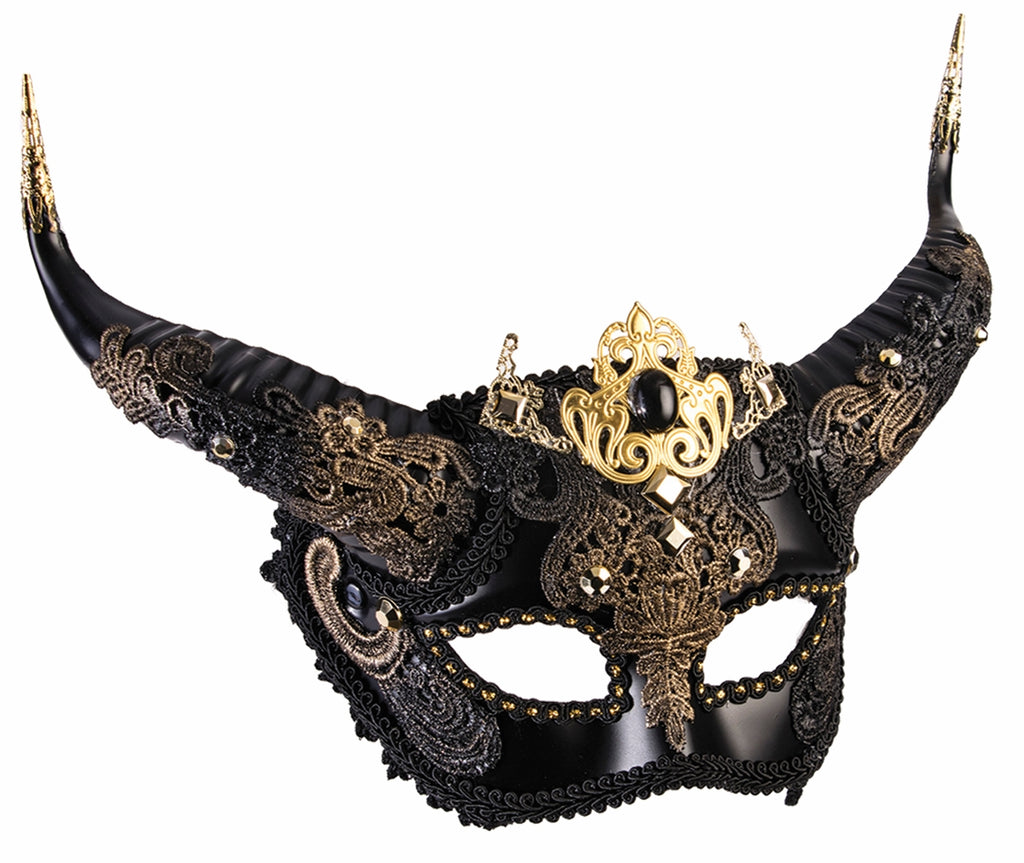 Elegant Faun Masquerade Costume Mask featuring a dramatic black half‑mask with an ornate baroque design, embellished with layered black lace appliqués, gold filigree accents, and metallic embroidery; centered with a raised black jewel framed by intricate gold detailing, accented with small rhinestones and beadwork throughout; finished with long, curved black faux horns tipped in gold for a powerful, regal silhouette