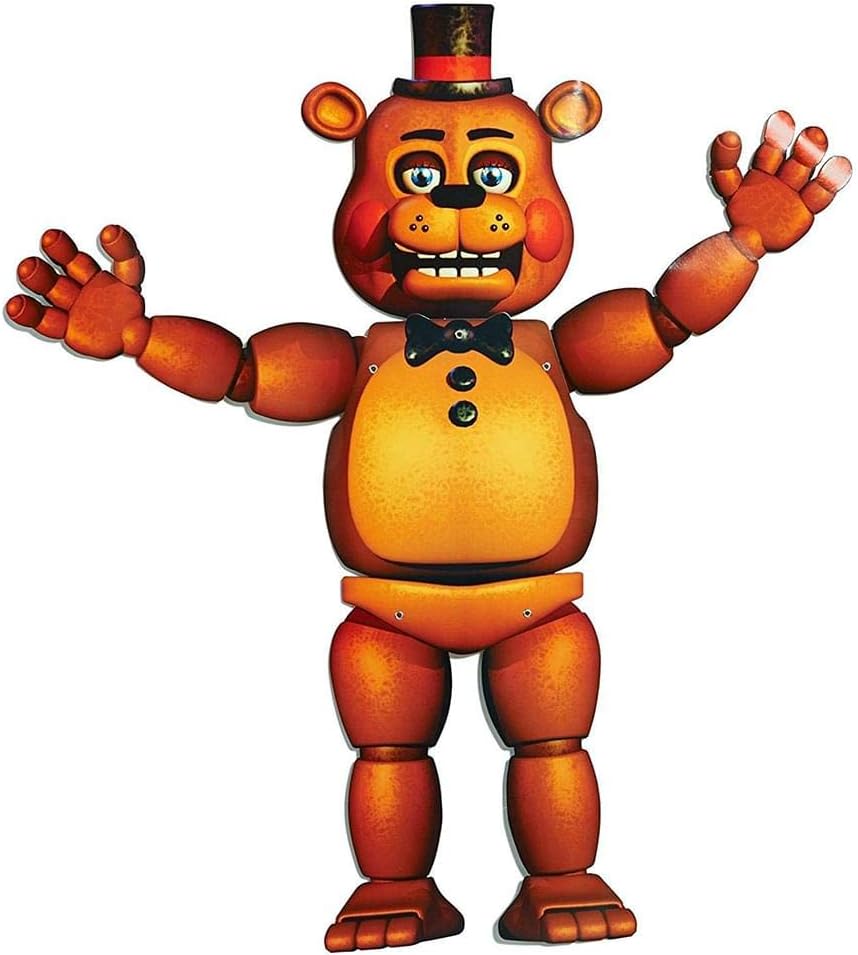 Five Nights at Freddy's 35-inch Freddy Fazbear Jointed Cutout Party Decoration Featuring a printed cardboard jointed cutout decoration of Freddy Fazbear from Five Nights at Freddy’s, measuring approximately 35 inches tall, with a full-body animatronic bear design including brown and orange shading, a black top hat, bow tie, button details, and movable arms attached with metal fasteners for adjustable positioning.