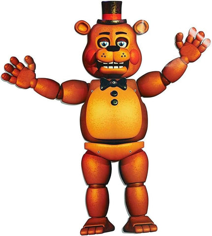 Five Nights at Freddy's 35-inch Freddy Fazbear Jointed Cutout Party Decoration Featuring a printed cardboard jointed cutout decoration of Freddy Fazbear from Five Nights at Freddy’s, measuring approximately 35 inches tall, with a full-body animatronic bear design including brown and orange shading, a black top hat, bow tie, button details, and movable arms attached with metal fasteners for adjustable positioning.
