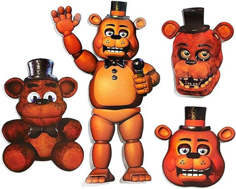 Five Nights at Freddy's 4-Pack Jointed Cutout Party Decorations Featuring a set of four printed cardboard cutout decorations from Five Nights at Freddy’s, including multiple Freddy Fazbear character designs with detailed brown animatronic features, top hats, bow ties, and facial expressions, with jointed limb construction on select pieces using metal fasteners for adjustable positioning and easy wall or door display.