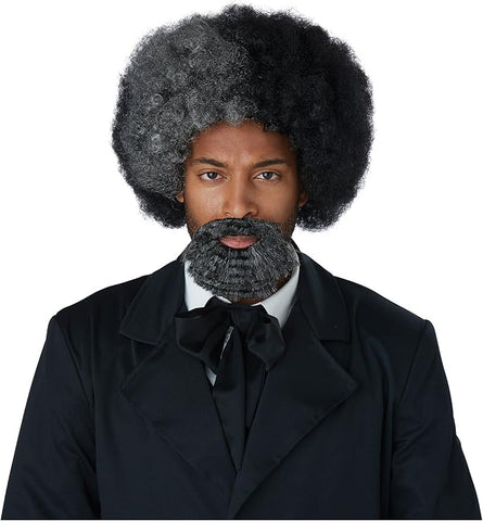 Frederick Douglass Wig and Goatee Costume Accessory Kit Featuring a gray and black synthetic wig styled in a rounded afro shape with dense, tight curls and natural-looking volume, paired with a matching black and gray goatee designed as a separate piece with a textured curl pattern