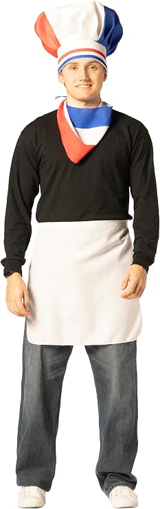 Man in French Chef Hat, Scarf & Apron Costume Accessory Kit Featuring a tall chef hat with a gathered top in red, white, and blue color blocking, accented by a striped band around the base, paired with a matching neck scarf in coordinating red, white, and blue panels. The set also includes a white waist apron with a wraparound tie closure