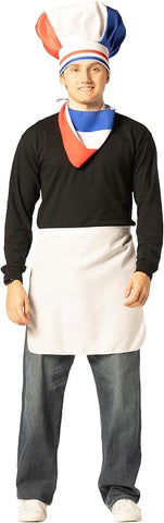 Man in French Chef Hat, Scarf & Apron Costume Accessory Kit Featuring a tall chef hat with a gathered top in red, white, and blue color blocking, accented by a striped band around the base, paired with a matching neck scarf in coordinating red, white, and blue panels. The set also includes a white waist apron with a wraparound tie closure