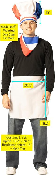 French Chef Hat, Scarf &amp; Apron Costume Accessory Kit size chart and measurements
