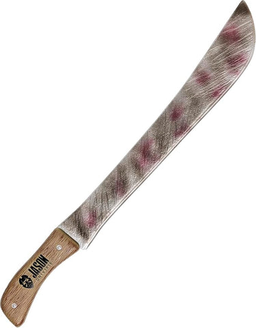 Friday the 13th Jason Voorhees Machete Costume Prop Weapon featuring a curved silver-colored blade, textured weathered detailing, dark scratch-like markings across the blade surface, and red painted accent marks for a distressed appearance. The prop includes a wood-look handle with molded grain texture, faux rivet details, and printed Jason Universe graphics on the grip