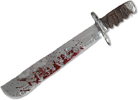 featuring a long, straight rectangular blade molded from lightweight plastic and finished in a weathered silver‑gray tone to resemble worn steel; the blade is accented with streaks of dark red paint designed to resemble dried blood, adding an extra layer of slasher‑film authenticity. The machete includes a flat blunt tip, subtle surface texture, and a dark brown handle with faux‑wood grain detailing and a rounded pommel, recreating the unmistakable silhouette associated with the legendary horror villain