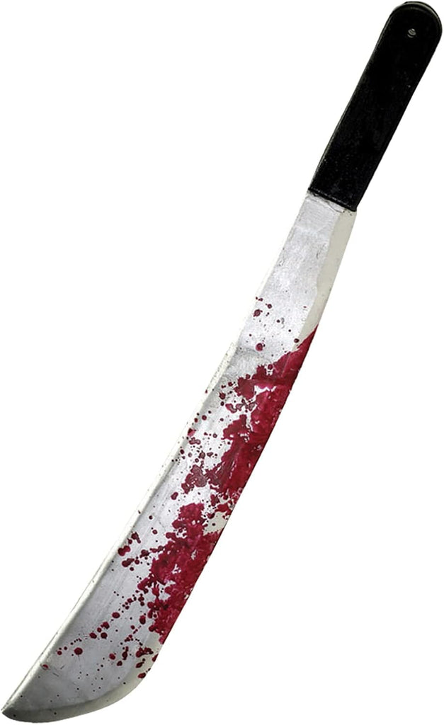 Features a long, straight machete‑style blade molded from lightweight plastic and finished in a dull silver‑gray tone to resemble worn metal; the blade is marked with heavy dark‑red paint concentrated along one side and splattered across the lower half to resemble smeared and dried blood, giving it a more graphic, distressed look than other versions. The machete is paired with a solid black handle with a smooth, utilitarian shape and a rounded end, creating a stark, no‑frills horror‑film silhouette