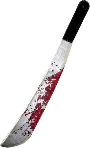 Features a long, straight machete‑style blade molded from lightweight plastic and finished in a dull silver‑gray tone to resemble worn metal; the blade is marked with heavy dark‑red paint concentrated along one side and splattered across the lower half to resemble smeared and dried blood, giving it a more graphic, distressed look than other versions. The machete is paired with a solid black handle with a smooth, utilitarian shape and a rounded end, creating a stark, no‑frills horror‑film silhouette