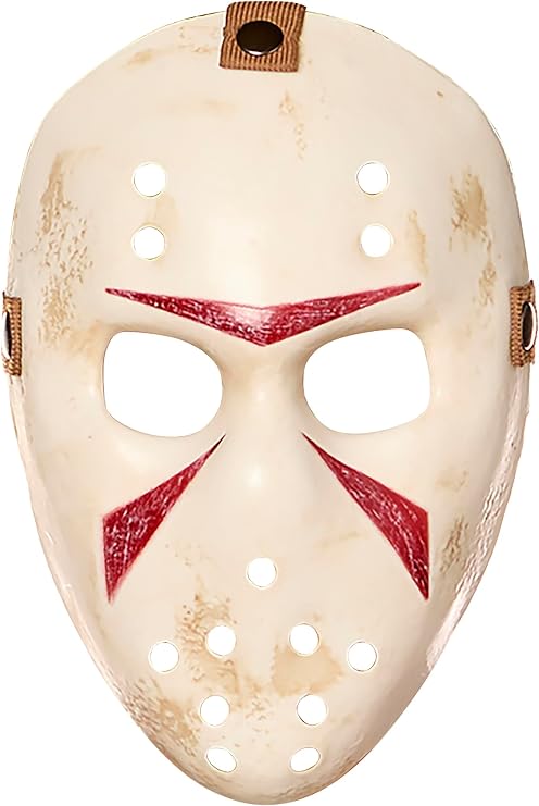 Friday the 13th Jason Voorhees Molded Costume Mask Features a molded hockey-style costume mask with an off-white distressed finish, large cutout eye openings, multiple ventilation holes across the forehead and lower face, textured weathering details, and bold red chevron-style markings above and below the eyes. The mask also includes side attachment points and an adjustable strap system for wearing.