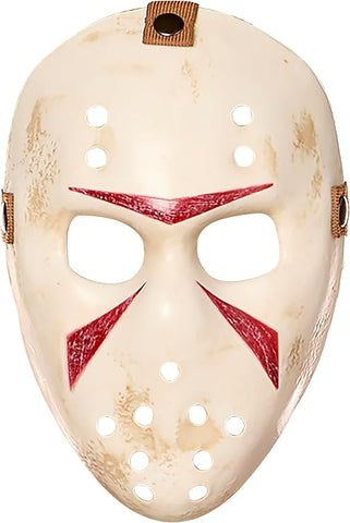Friday the 13th Jason Voorhees Molded Costume Mask Features a molded hockey-style costume mask with an off-white distressed finish, large cutout eye openings, multiple ventilation holes across the forehead and lower face, textured weathering details, and bold red chevron-style markings above and below the eyes. The mask also includes side attachment points and an adjustable strap system for wearing.