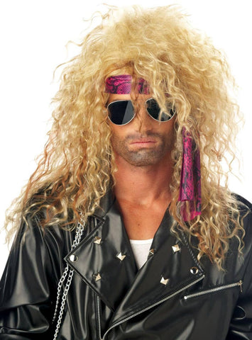 Frizzy Blonde 80s Heavy Metal Rocker Costume Wig Featuring a long blonde synthetic wig styled with heavily teased, frizzy curls, designed with high volume at the crown and cascading layers that extend past the shoulders, creating a textured, untamed silhouette&nbsp;