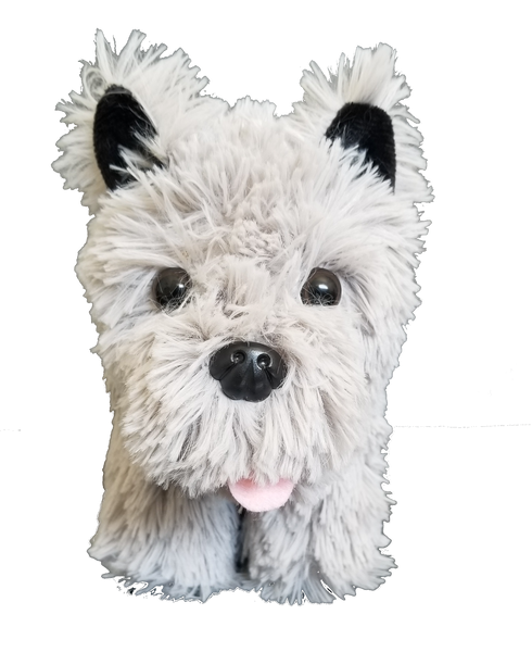Boots and Brothers Puppy in a Basket featuring a plush West Highland terrier plush toy with light gray fur, black ears, and a pink tongue, front view