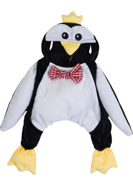 Front of the Pets Walking Penguin Costume which features a plush, full‑body penguin "walking" illusion in classic black‑and‑white coloring with a soft white belly panel, black flipper‑style sides, and oversized yellow plush feet and an attached penguin character hood with embroidered eyes, a soft yellow beak, and a bright yellow crown perched on top, along with a red‑and‑white checkered bow tie