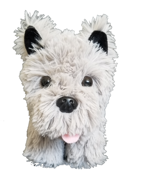 Front view of plush dog featuring a light gray shaggy fur texture, black ears and nose, and a pink tongue