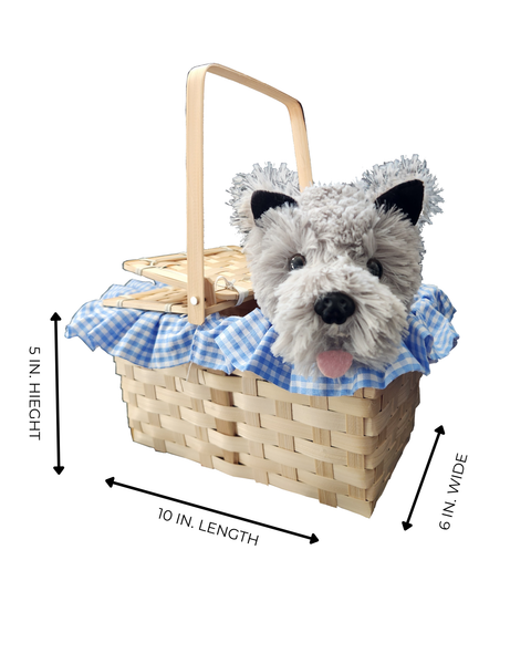 A woven wooden basket with a blue-and-white gingham ruffled liner and a plush gray dog head decoration, shown on a white background with measurement arrows and labels indicating 10 in length, 6 in wide, and 5 in height.