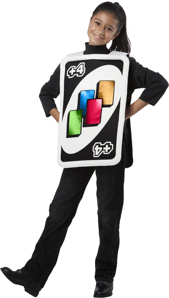 Girl in Kids Mattel Uno Card Game Draw Four Card Costume which features a tunic designed to look like the iconic UNO Draw Four card, with a black background bordered in white and a large white oval at the center; the card face is printed with four colorful card symbols in blue, green, yellow, and red, along with the “+4” markings in the corners, recreating the instantly recognizable look straight from the game 