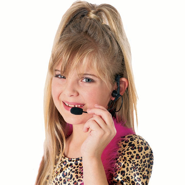 Girl modeling the Pop Rock Star Headband Microphone featuring a flexible black headband design constructed with a thin, curved plastic band that wraps comfortably around the back of the head; attached to the band is an extended boom arm that curves toward the mouth, ending in a small foam‑covered microphone tip. The headband includes two circular ear‑pad style side pieces that help anchor the accessory in place, creating a classic hands‑free performance silhouette