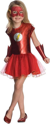 Girl wearing the Girls DC Universe The Flash Tutu Costume Dress which features a vibrant red sleeveless dress styled with a fitted metallic‑red bodice and a layered red tutu skirt trimmed with subtle gold glitter accents; the chest is decorated with The Flash’s iconic lightning bolt emblem set inside a white circle for instant superhero recognition. The look is completed with a matching red eye mask with lightning bolt details and coordinating red wrist cuffs, creating a cohesive speed‑inspired silhouette
