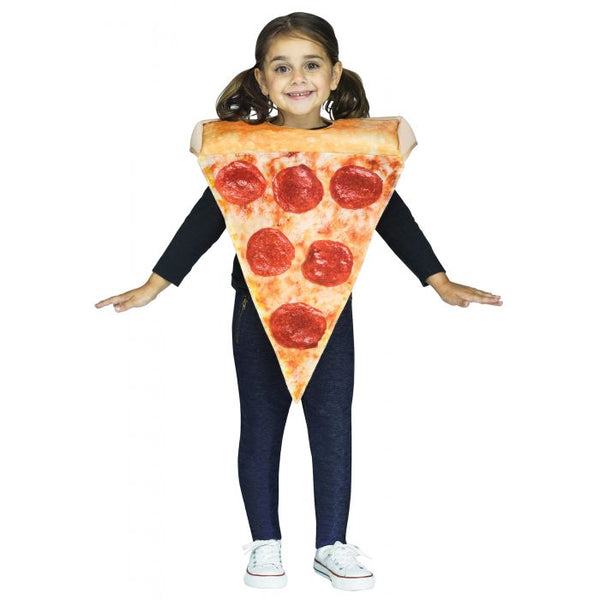 Toddler girl in the Toddlers Little Pizza Slice Costume featuring a photoreal printed tunic designed to look like a classic slice of pepperoni pizza, with detailed sauce, melted cheese, and pepperoni toppings on the front; styled with a soft stuffed “crust” at the shoulders for dimension and a plain knit poly back for comfort and easy wear, creating a lightweight, slip‑on design