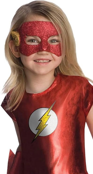 A close of up the Girls DC Universe The Flash Tutu Costume Dress mask and top of dress which features a vibrant red sleeveless dress styled with a fitted metallic‑red bodice and a layered red tutu skirt trimmed with subtle gold glitter accents; the chest is decorated with The Flash’s iconic lightning bolt emblem set inside a white circle for instant superhero recognition. The look is completed with a matching red eye mask with lightning bolt details