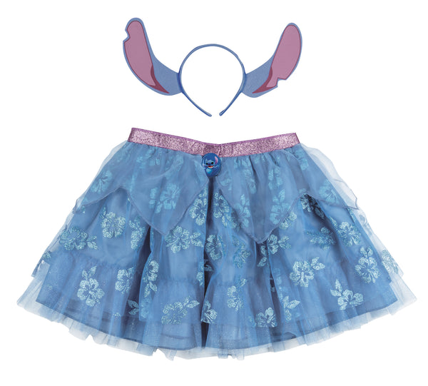 Girls Disney's Lilo & Stitch Tutu and Headband Costume Accessory Kit featuring a two‑piece, including a layered blue tulle tutu skirt and a coordinating headband with oversized Stitch ears. The skirt is designed with multiple ruffled tiers of soft mesh fabric, accented with printed floral patterns and a glittery purple elastic waistband. A small Stitch character medallion sits at the front of the waistband. The headband features large blue ears with pink inner panels. 