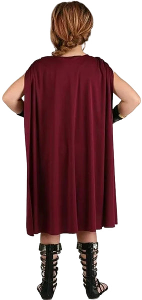 Back of girl in the Girls Fearless Roman or Greek Gladiator Costume Dress Featuring a dress with a black suede-look armor-style bodice, structured panel detailing with gold trim, attached short tan sleeves, and a tan skirt with layered pointed panels, along with a detachable red cape secured at the shoulders with two round medallion pins, a braided headband, and a single wide wrist cuff.