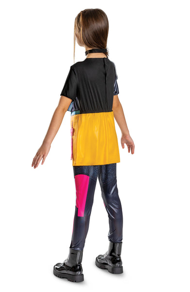 Back of girl posing in the Girls K-Pop Demon Hunters Mira Costume featuring a printed short‑sleeve top with a black base and colorful graphic design across the front, paired with metallic‑look leggings designed with vibrant pink and silver paneling and an attached yellow overskirt panel at the waist, detailed with faux belt accents, printed chains, and hanging charm graphics, and the black choker.