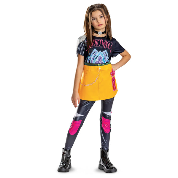Girl posing in the Girls K-Pop Demon Hunters Mira Costume featuring a printed short‑sleeve top with a black base and colorful graphic design across the front, paired with metallic‑look leggings designed with vibrant pink and silver paneling and an attached yellow overskirt panel at the waist, detailed with faux belt accents, printed chains, and hanging charm graphics, and the black choker.