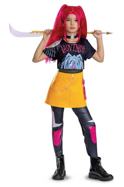 Girl posing in the Girls K-Pop Demon Hunters Mira Costume featuring a printed short‑sleeve top with a black base and colorful graphic design across the front, paired with metallic‑look leggings designed with vibrant pink and silver paneling and an attached yellow overskirt panel at the waist, detailed with faux belt accents, printed chains, and hanging charm graphics, and the black choker. with additional accessories (wig and blade)