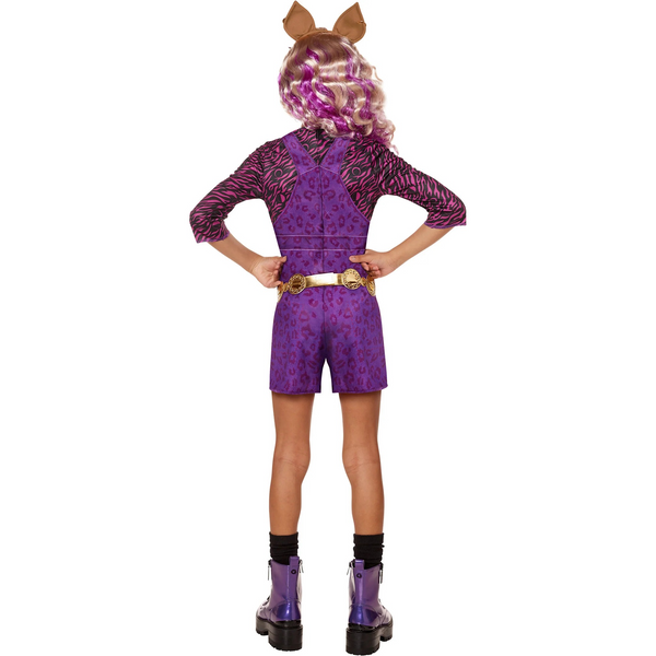 Back of Girl in the Monster High Clawdeen Wolf Costume featuring a purple romper with an allover leopard-inspired print, designed with overall-style straps and a front panel graphic detail, paired with a long-sleeve top in a pink and black animal pattern, a gold-toned belt with circular medallion accents, matching eyeglasses, and a headpiece with attached character ears.